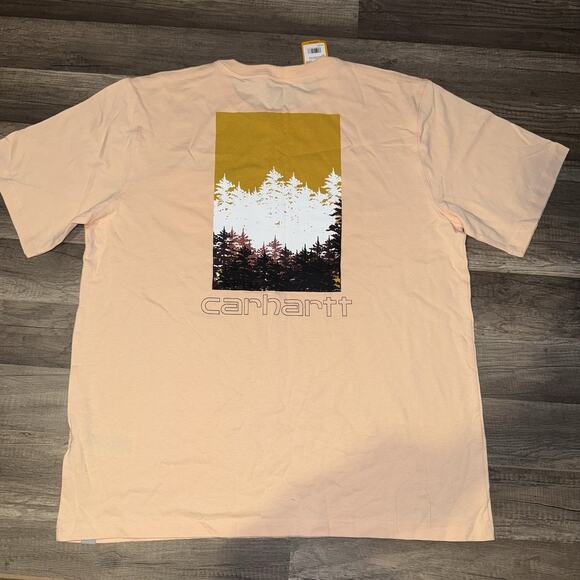 Carhart Relax Fit NWT Short Sleeve Pocket T-shirt Light Peach Forest Graphic - Picture 3 of 4